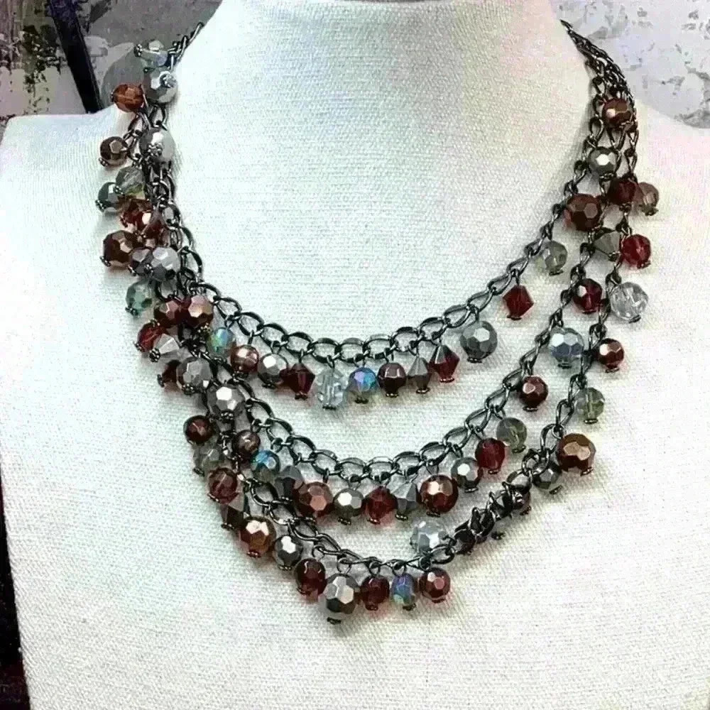 Vintatage AB Aurora Borealis Glass and Metal Mutli Strand Necklace